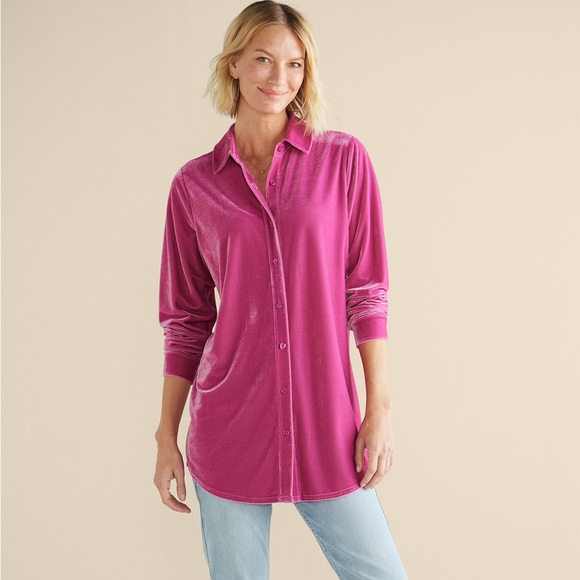 Soft Surroundings Boyfriend Button Up Velvet Shirt - Picture 2 of 10